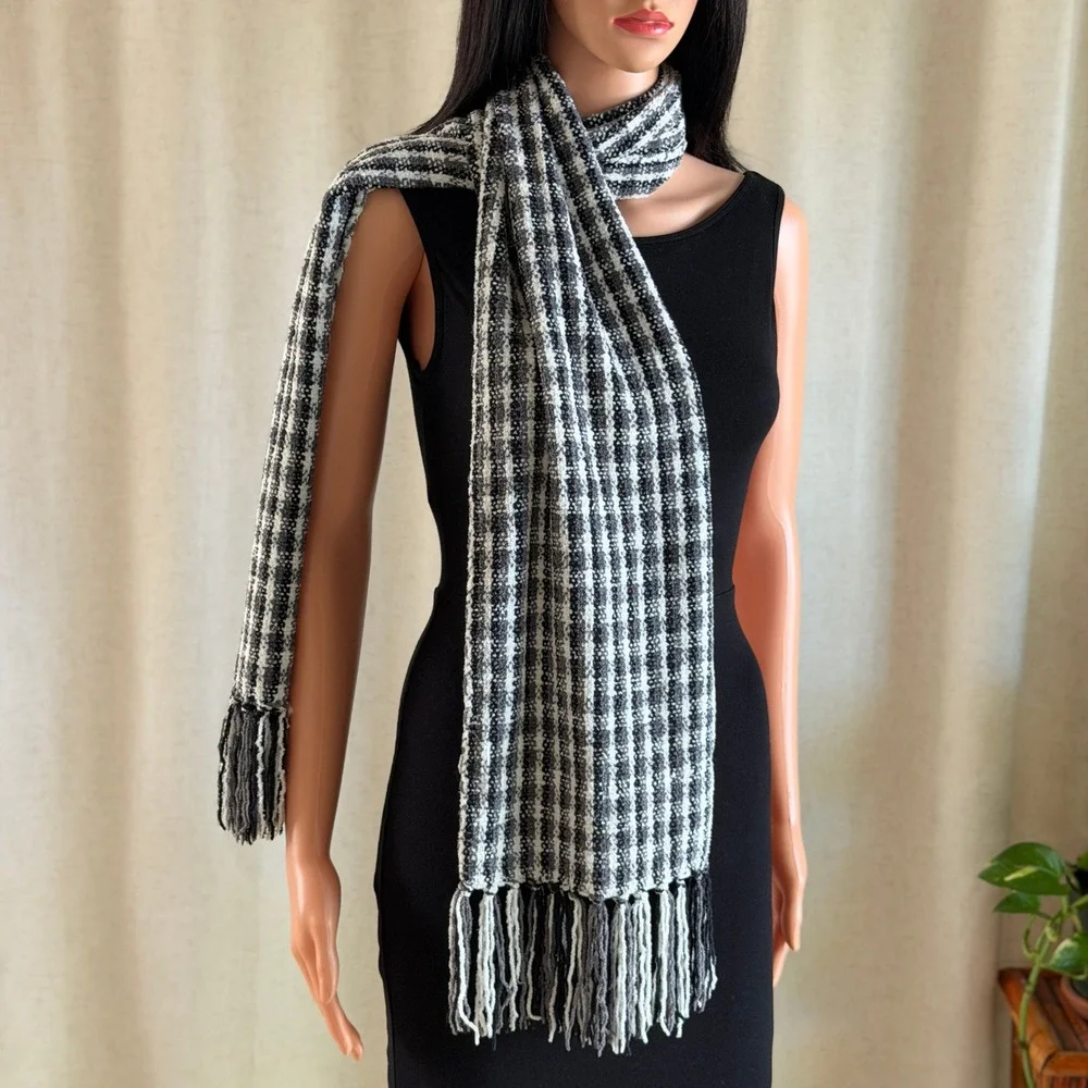 Woven Plaid Fringed Scarf Black White Grey Knit Winter Wrap Dark Academia Cozy